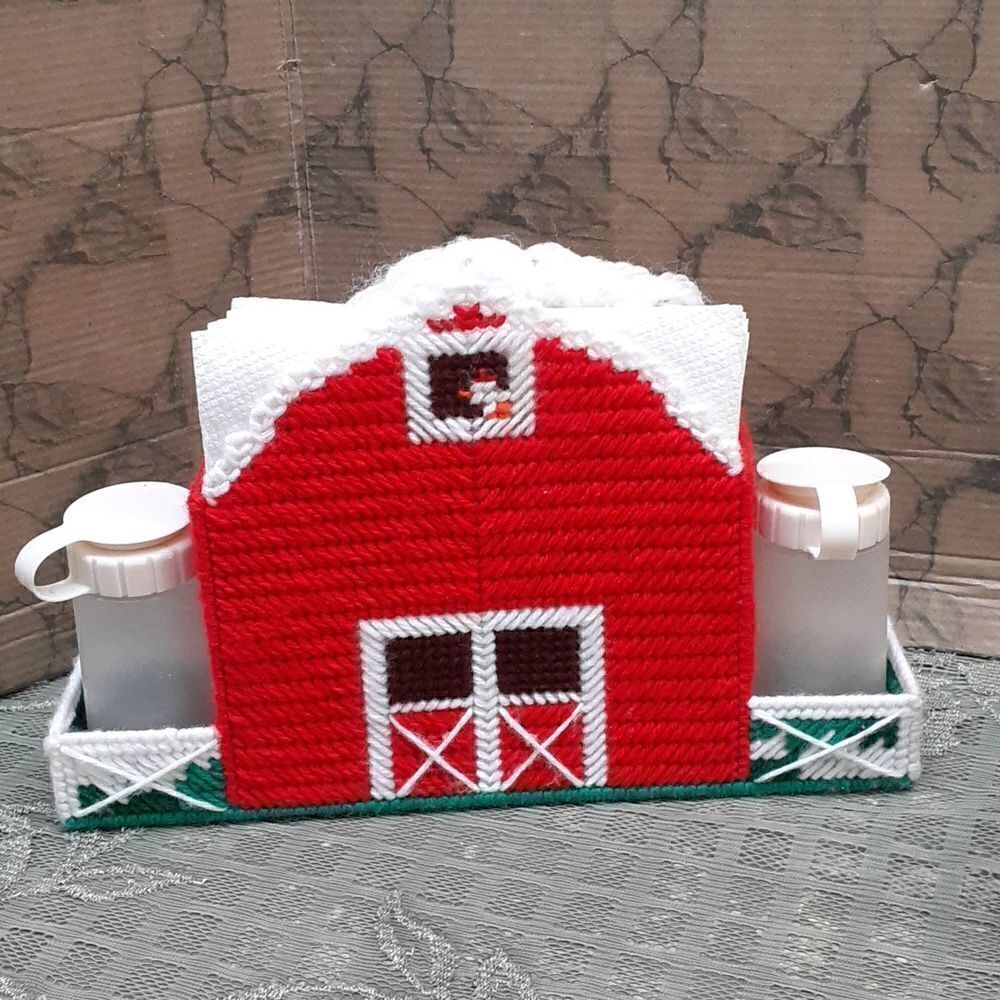 Vintage 2-pcHandmade Needlepoint plastic Canvas barn and 3D birdhouse collection - Picture 2 of 13